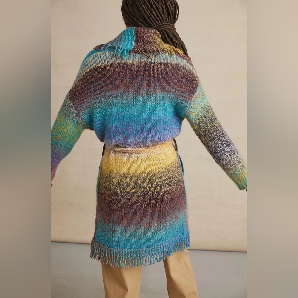 Anthropologie Greylin Oversized Rainbow Knit Fringe Open Front Wrap Sweater S - Picture 4 of 16